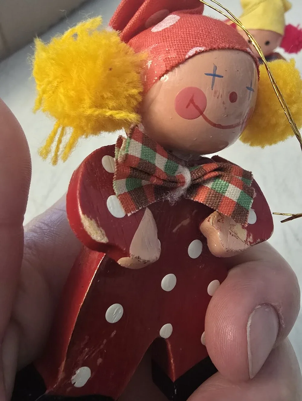 Vintage Wooden Clown Christmas Ornaments Set Of 2 Handpainted 3.5